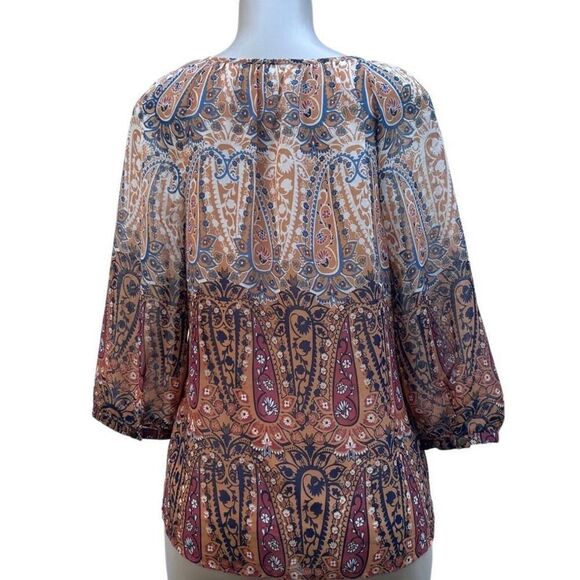 Sara Michelle Peasant Blouse Women's Petite L Neutral Paisley Keyhole 3/4 Sleeve - Picture 6 of 14